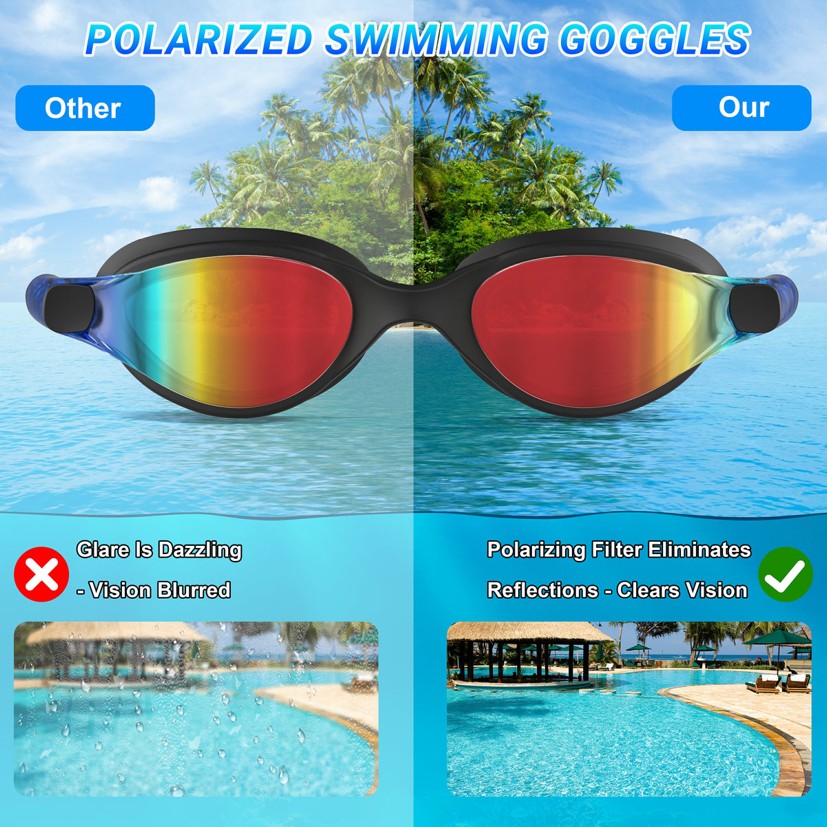 Ambienden Polarising Swimming Goggles for Men and Women, Professional Diving Goggles, Galvanised Lens, UV Protection, Anti-Fog, Tight Swimming Goggles for Adults and Teenagers