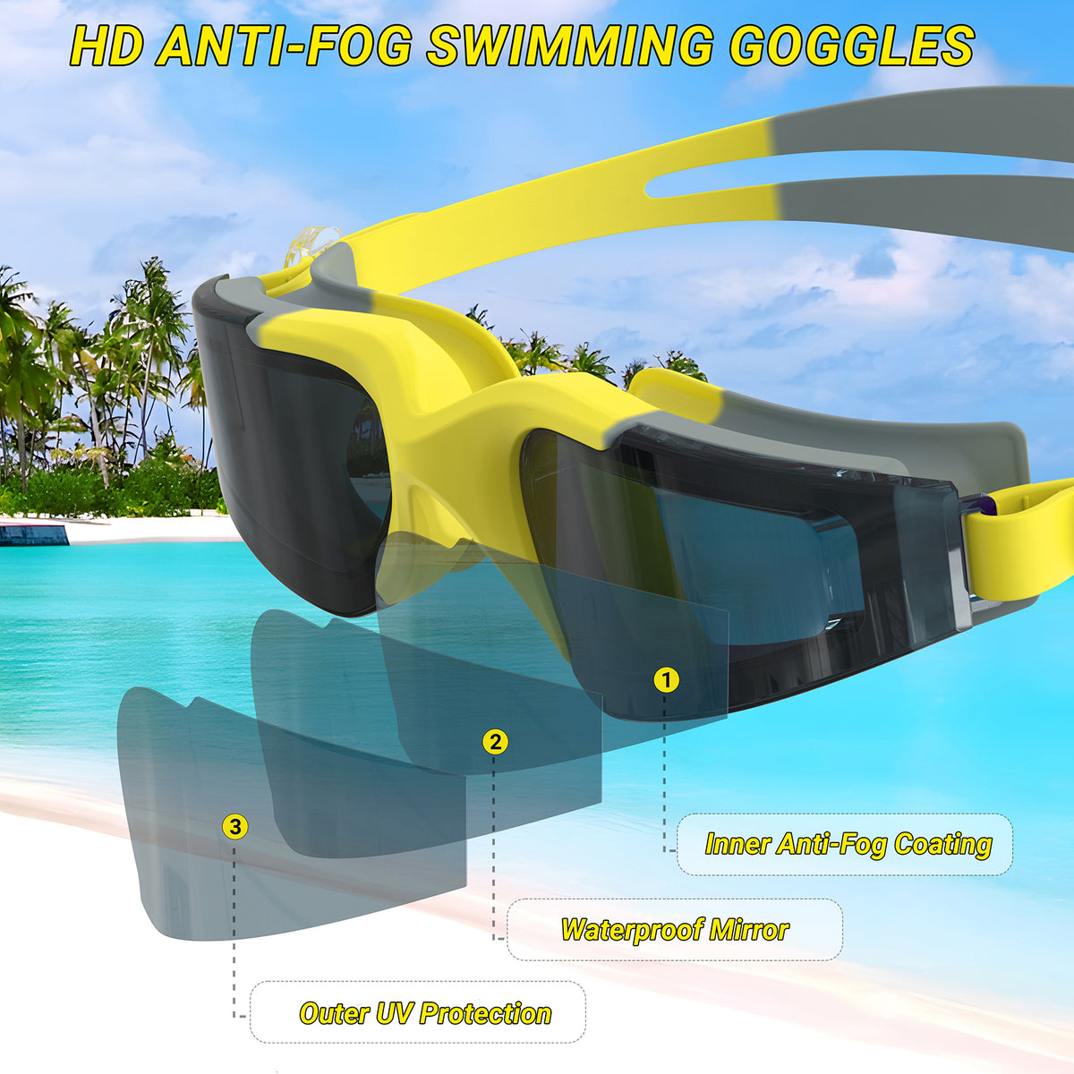 Ambienden Adult Swimming Pool Goggles, Anti-Fog Waterproof HD UV Protection Lenses