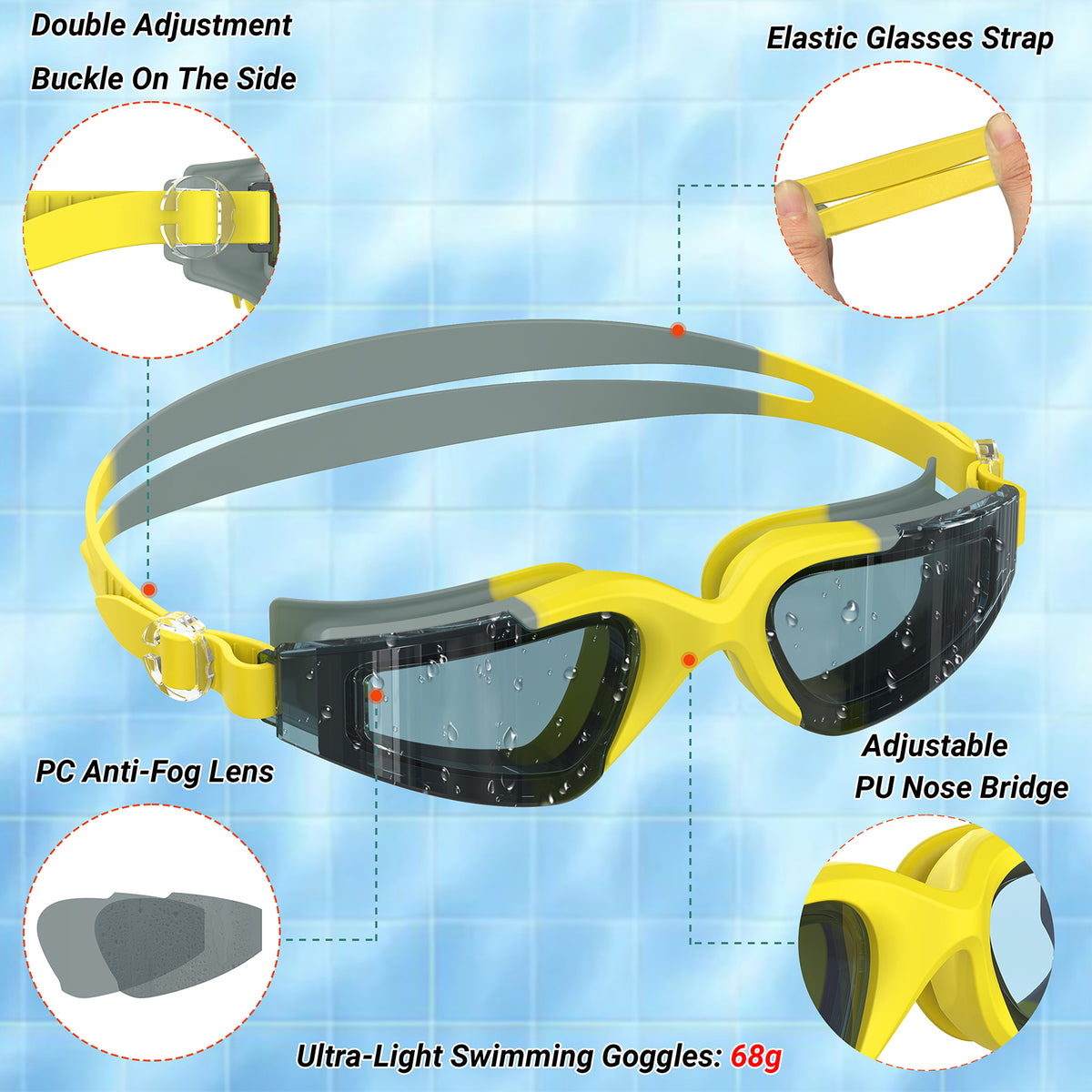 Ambienden Adult Swimming Pool Goggles, Anti-Fog Waterproof HD UV Protection Lenses
